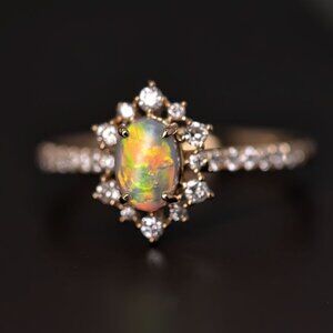 Stunning Semi-Black Opal Diamond Engagement Ring 18K Gold